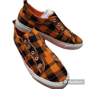 Corkys Babalu Slip On Sneakers - Black and Orange Checkered